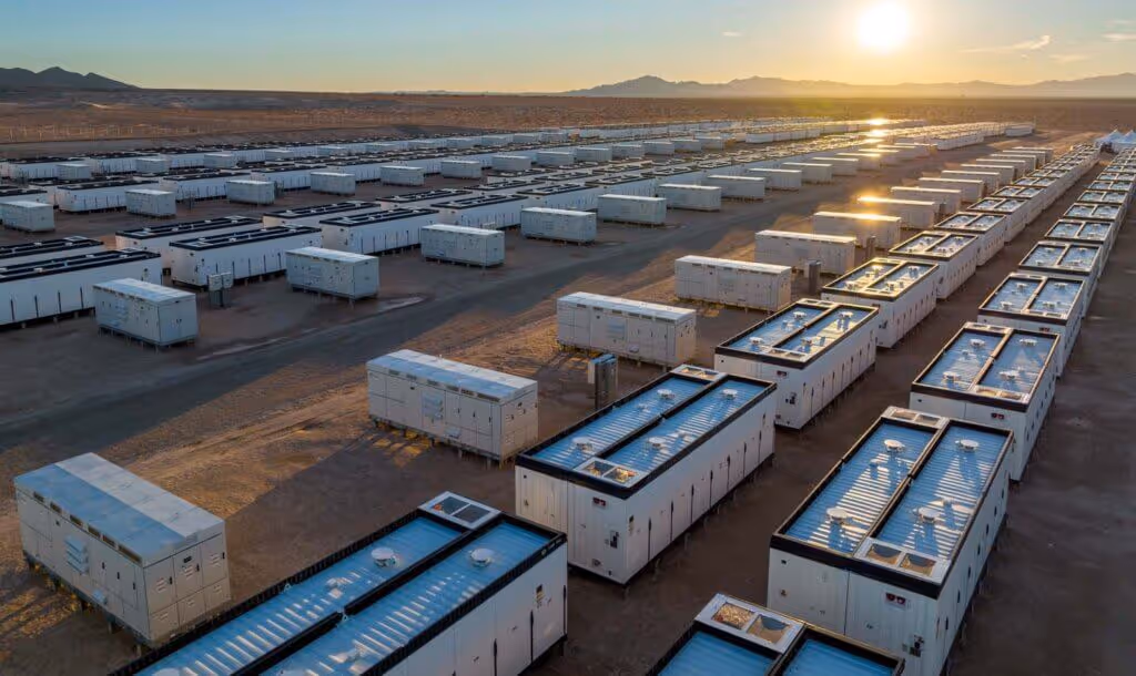 Rows of large white industrial battery storage units spread across a desert landscape at sunset with mountains in the background.